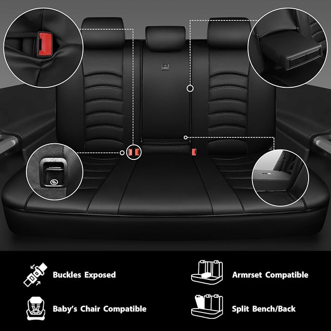 CAR PASS Leather Back Seat Cover, Universal Waterproof Bench Rear Seat Cover Zipper Split Rear Bench Protector Fit 95% Automotive Interior Covers for Cars Sedans SUVs (Rear,All Black)