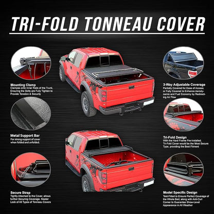 DNA Motoring Truck Bed Soft Tri-Fold Adjustable Tonneau Cover Compatible with C1500 C2500 C3500 K1500 K2500 K3500 6.5Ft Fleetside Bed, TTC-TRISOFT-032