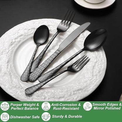 20 Pcs Black Silverware Set for 4 with Water Cube Handle design, Food Grade Stainless Steel Flatware Set, Eating Utensils Sets Include Fork/Knife/Spoon, Reusable Cutlery Set, Dishwasher Safe