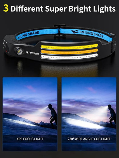 Smiling Shark LED Headlamps, 230°Wide Angle 3*Multi-Color Light Strips 2 Packs Head Lamp Rechargeable with Motion Sensor Waterproof Headlight for Camping Hiking Outdoor, Head-Lamp-LED-Hat-Light