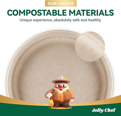 JOLLY CHEF Compostable Heavy Duty Plates 𝟭𝟬 𝗜𝗻𝗰𝗵 [𝟱𝟬𝟬 𝗣𝗮𝗰𝗸] Eco-Friendly Disposable Paper Plates Made of Bagasse Biodegradable Bulk for Party Dinner Sugarcane Thanksgiving Day (Natural)