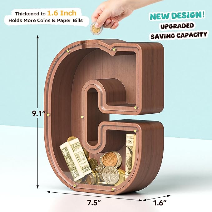 Summidate Wooden Letter Piggy Bank, Extra Thick Large Capacity Piggy Bank for Kids Boys Girls Toddler, Alphabet C Money Bank| Coin Box Birthday, Christmas, Festival