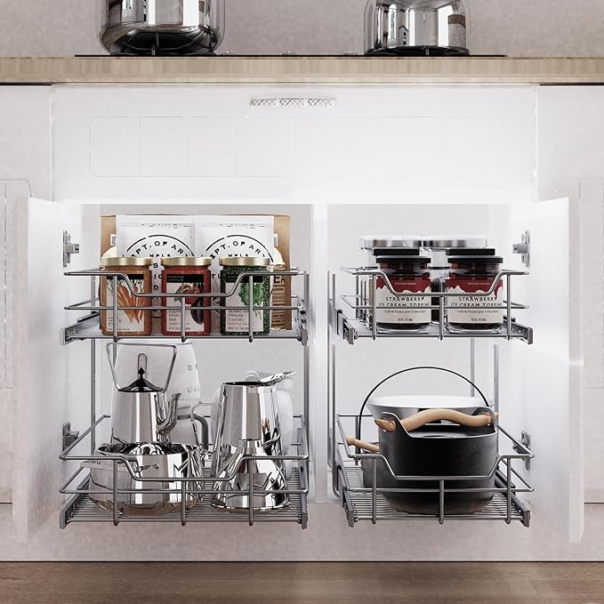 2 Tier Pull Out Cabinet Organizer 15" W X 22" D, Slide Out Drawers For Kitchen Cabinets, Pull Out Drawers For Cabinets Capacity Heavy Duty Caddy, Cabinet Pullout Shelves Chrome-Plated,Bathroom Pantry