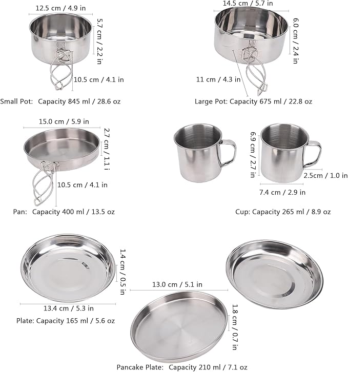 8PCS Stainless Steel Camping Cooking Set Cookware Mess Kit Cook Pots and Pan Set with Plates Cups, Lightweight Camping Cookware for Hiking Backpacking Outdoor Cooking and Picnic