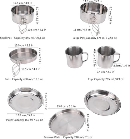 8PCS Stainless Steel Camping Cooking Set Cookware Mess Kit Cook Pots and Pan Set with Plates Cups, Lightweight Camping Cookware for Hiking Backpacking Outdoor Cooking and Picnic