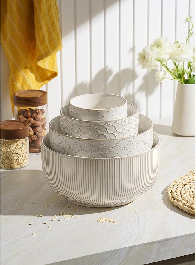 Mikiegy Ceramic Mixing Bowls Set of 4, Nesting Ceramic Embossment Stoneware