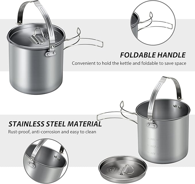 Lixada 5PCS Camping Cookware Set Stainless Steel 1.2L Camping Pot with 2 Cups & 2 Bowls, Lightweight Portable Backpacking Pot with Foldable Handles & Lid for Outdoor Cooking Hiking Picnic