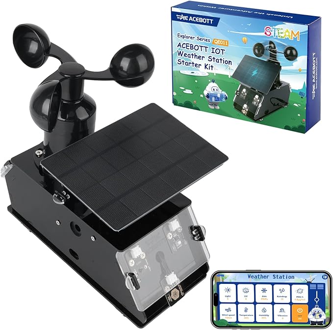 Science Kits for Kids Age 12+, ACEBOTT IoT Weather Station Kit Indoor Outdoor, STEM Kits with 8 Sensors & Solar Panel, Compatible with ESP32 Arduino IDE, Electronics Coding Kits for Teens & Adults