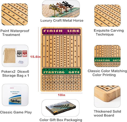 Horse Race Board Game, Horse Racing Game with 11 Luxury Metal Horses, 4 Dice, 2 Boxes of Cards, and Thickened Wood Horse Race Game Board