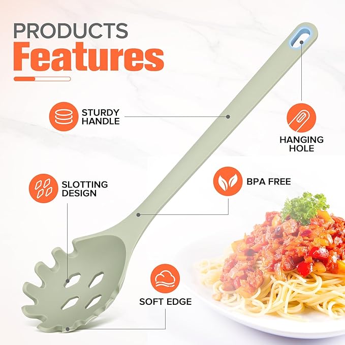 Silicone Spaghetti Spoon&Soup Ladle Cooking Utensils Set of 2, No Scratch