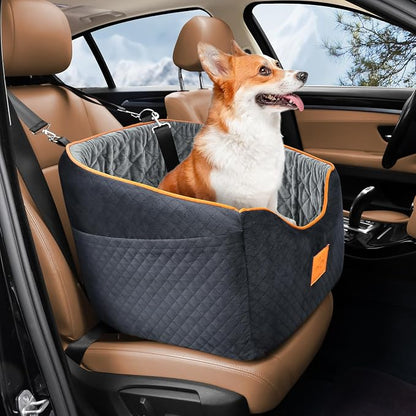 XIEEAOZEE Dog Car Seat for Small Dogs, Memory Foam Booster Dog Seat for Dogs up to 35 lbs, Elevated Pet Car Seat with Washable Removable Cover, Storage Pockets(Black/Gray)