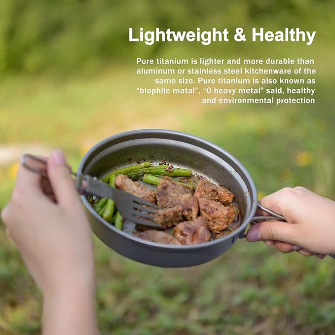 Boundless Voyage Outdoor Titanium Pot with Pan Set with Collapsible Folding Handle for Outdoor Camping Cooking Hiking Backpacking Portable Cookware