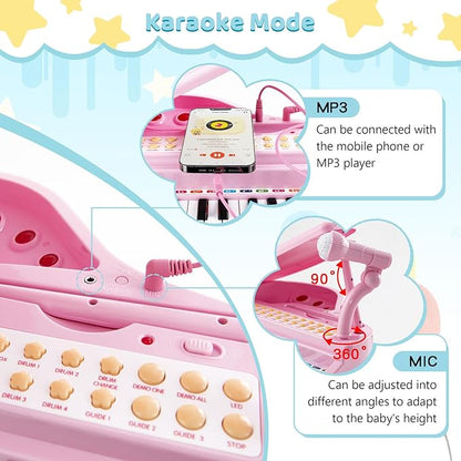 Costzon Kids Piano, 31 Key Mini Grand Piano Toy Keyboard with Microphone, Stool & Lights, Portable Electronic Piano Educational Musical Instrument Toy, Birthday Gift for Toddler Boys Girls (Pink)