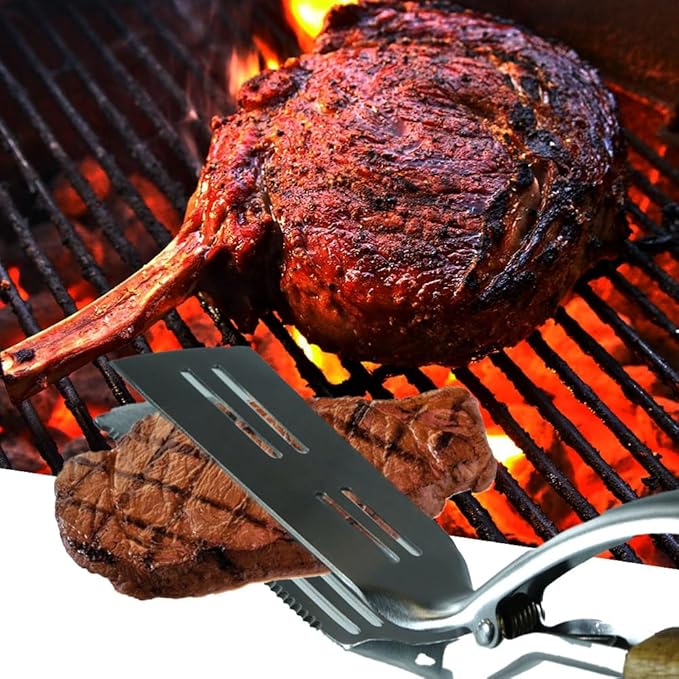 Grill Utensils Set -Innovative 2 in 1 Grill Tongs-Spatula & Barbecue Meat Forks with Long Wooden Handle for Outdoor Grilling,Cooking and Griddling