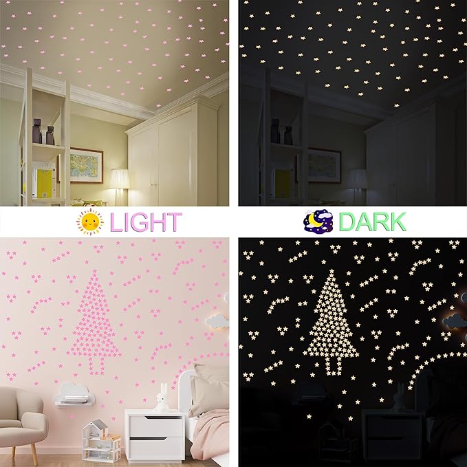 AM AMAONM 100 Pcs Pink Glow in The Dark Luminous Stars Fluorescent Noctilucent Plastic Wall Stickers Murals Decals for Home Art Decor Ceiling Wall Decorate Kids Babys Bedroom Room Decorations
