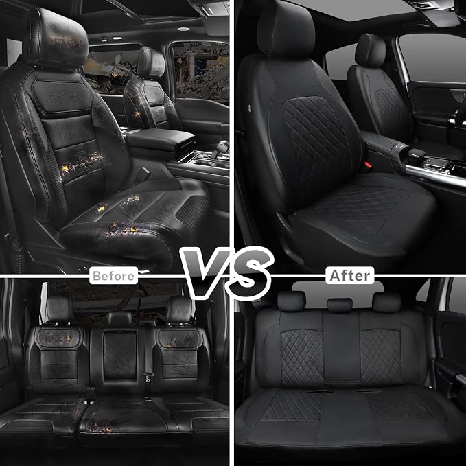 Universal Deluxe Pu Luxury Vinyl Faux Leather Car Seat Covers Full Set, Airbag Compatible, Breathable, Fit for Cars, Trucks, SUV (All Black)
