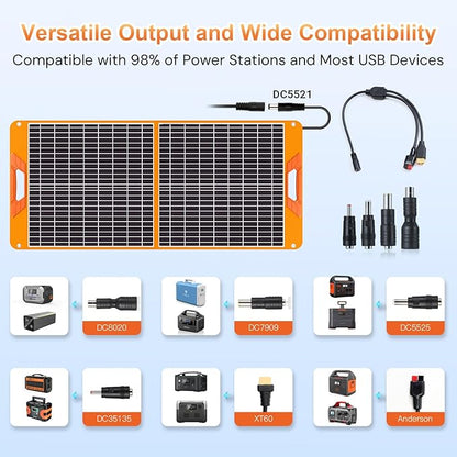 60W Portable Solar Panel for Power Station, 19.8V Foldable Solar Charger with DC/XT60/Anderson Cable & QC3.0 USB Outputs, 23% High Efficiency IP65 Waterproof 2 Kickstands for Outdoor Camping RV Trip