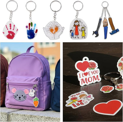 Auihiay 30PCS Shrink Plastic Sheets for Kids with 30 Keychains & 100 Jump Rings, Shrink Films Papers, Shrinky Art for DIY Handprint Keychains, Mother's Day & Father's Day Gifts
