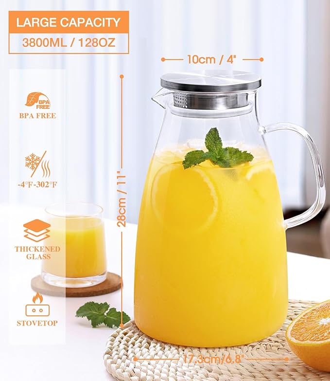 Glass Pitcher with Lid, 1 Gallon 128oz Water Pitcher with Handle and Spout