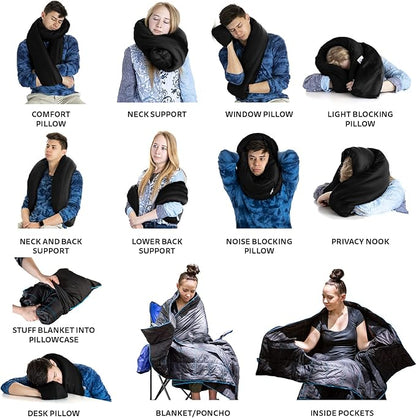 Ripstop Outdoor Camping Pillow and Blanket 3-in-1, Versatile Lightweight Nylon Waterproof Stadium Blanket, Ultralight Backpacking Essentials, Travel Blanket and Pillow Set - Black/Turquoise
