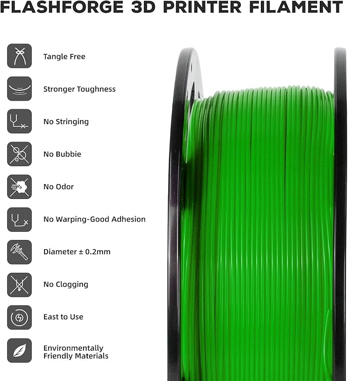 FLASHFORGE PLA Filament 1.75mm, 3D Printer Filament 1kg (2.2lbs) Spool, Dimensional Accuracy +/- 0.02mm, 3D Printing Filament Easy to Use and Fits for Most FDM 3D Printers (Green)
