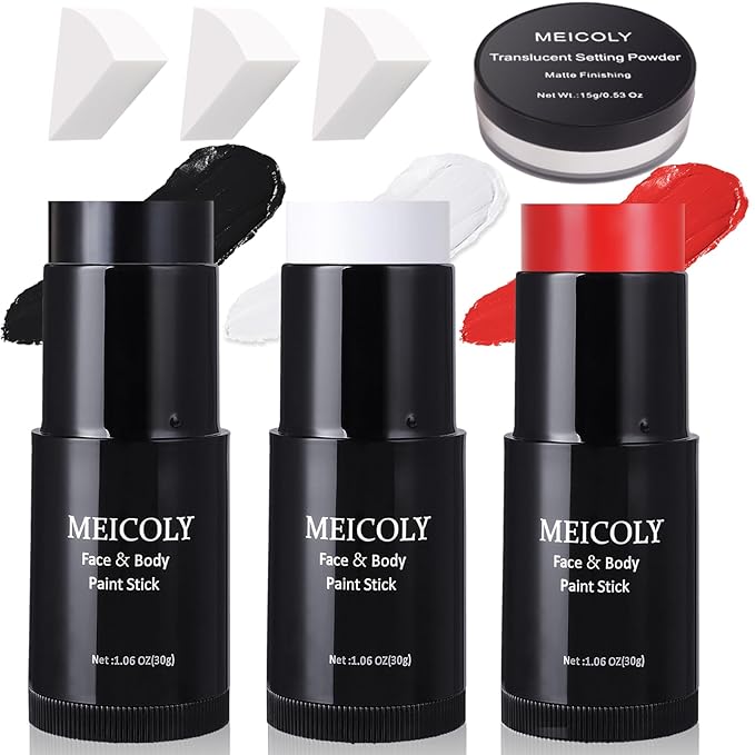 MEICOLY Black White Red Face Body Paint Stick with Setting Powder and Sponges,Clown White Devil Joker Face Paint Makeup,Waterbased Body Paint,Halloween Face Painting for Vampire Skeleton Spiderman