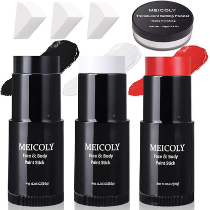MEICOLY Black White Red Face Body Paint Stick with Setting Powder and Sponges,Clown White Devil Joker Face Paint Makeup,Waterbased Body Paint,Halloween Face Painting for Vampire Skeleton Spiderman