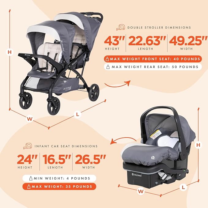 Baby Trend Sit N' Stand Double Stroller 2.0 DLX with 5 Point Safety Harness and EZ-Lift Plus Lightweight Infant Car Seat with Cozy Cover, Magnolia