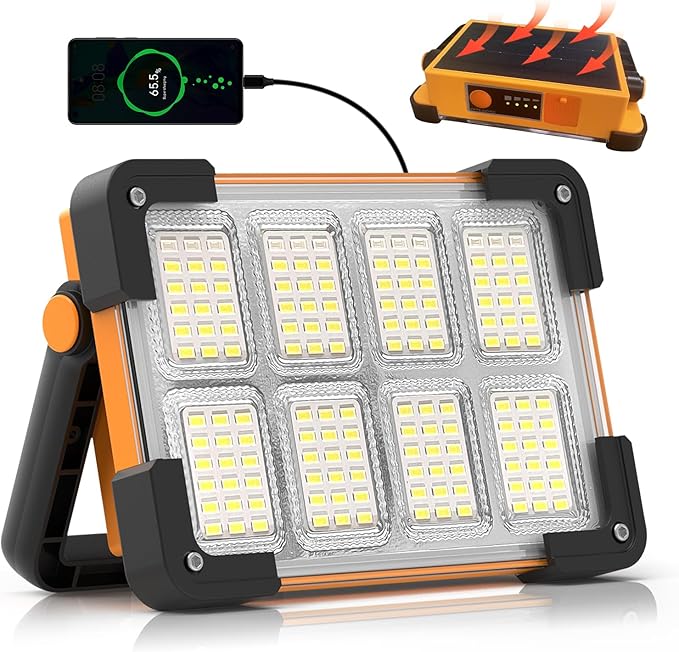 120W Solar Rechargeable Work Light, 144 LED 10000LM Led Work Light with 4 Modes, Portable Flood Light with Stand, IP66 Waterproof Outdoor Working Light for Emergency Mechanic Camping Repair (Yellow)