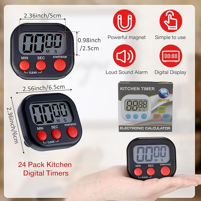 Leumoi 24 Pcs Digital Kitchen Timers Magnetic Back Timers Bulk Large Screen