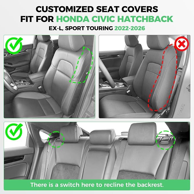 for Honda Civic Leather Seat Covers, Hatchback EX-L Sport Touring 2022-2026, Custom Fit Car Seat Cover Full Set, Waterproof Accessories, Black Red (60/40 Split Benches-with Rear Armrest)
