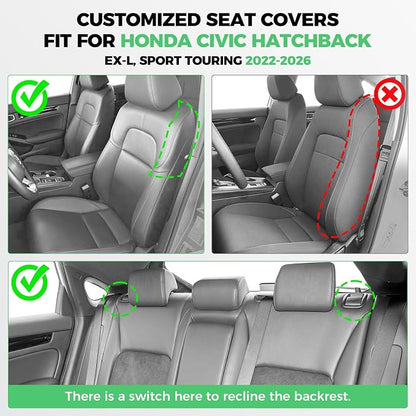 for Honda Civic Leather Seat Covers, Hatchback EX-L Sport Touring 2022-2026, Custom Fit Car Seat Cover Full Set, Waterproof Accessories, Black Blue (60/40 Split Benches-with Rear Armrest)