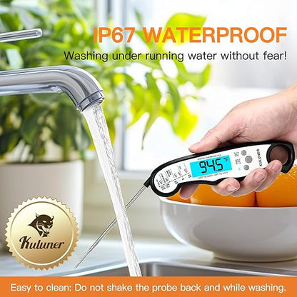 KULUNER TP-01 Waterproof Digital Instant Read Meat Thermometer with 4.6 Folding Probe Backlight Calibration Function for Cooking Food Candy, BBQ Grill, Liquids,Beef(White)