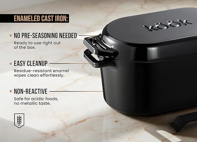 KooK Dutch Oven with Lid, Enameled Cast Iron Bread Baker, Dual Handles