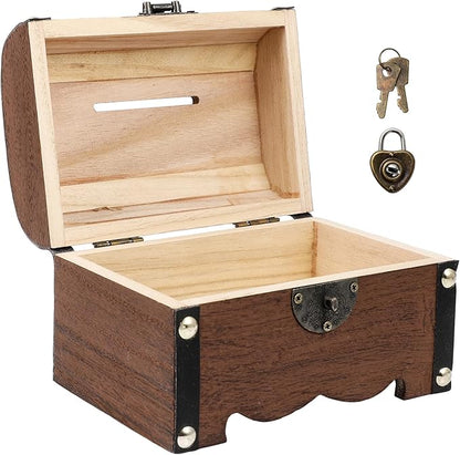 TOYANDONA Wooden Piggy Bank - Wood Treasure Chest with Lock and Key - Small Wooden Box Vintage Coin Bank Money Saving Box for Home Decor