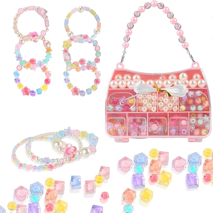 Saimiy 220+ Jewelry Making Kit Gifts for Kids,Pink Handbag Bead Box for Bracelet Making Kit for Girls,6-Year-Old Girl Birthday Gift,Jewelry Crafts for Kids Ages 3+