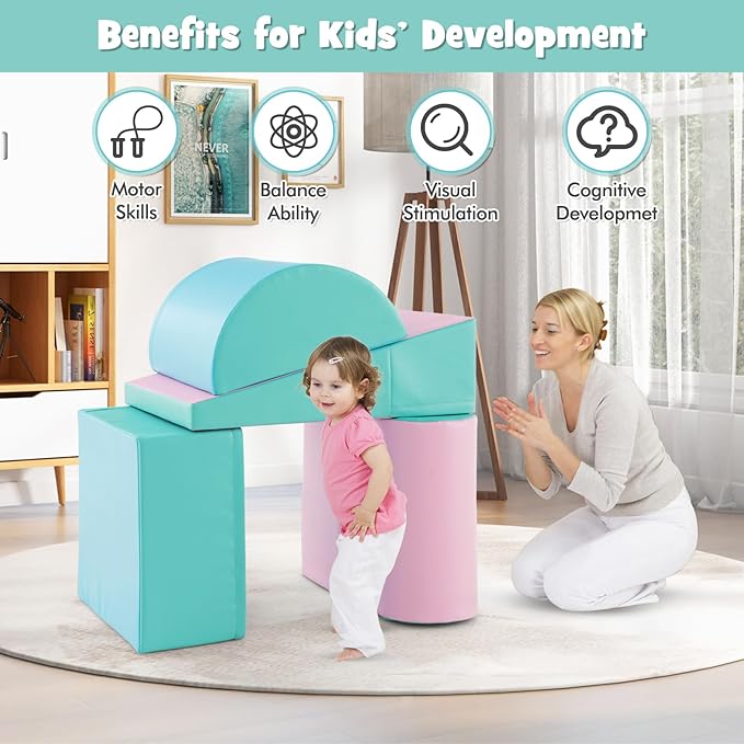 HONEY JOY 5-Piece Climb and Crawl Playset, Soft Climbing Foam Block Activity Play Structure Gym Equipment for Infant Baby, Color Coordination, Waterproof Indoor Climbing Toys for Toddlers (Green)