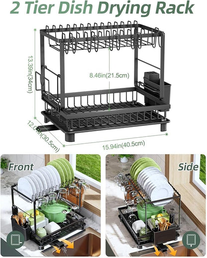 Dish Drying Rack, 2 Tier Space-Saving Dish Rack