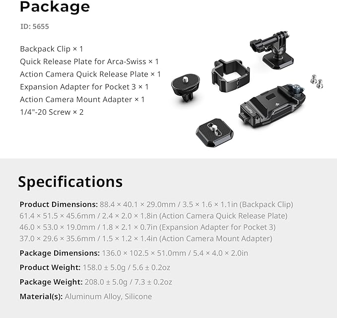 SMALLRIG Universal Three-in-One Camera Clip Kit, Quick Release System, Backpack