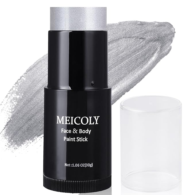 MEICOLY Silver Face Body Paint Stick(1.06 Oz),Blendable Face Paint Stick for Halloween Tin Man Special Effects SFX Cosplay,Sweatproof Waterproof Eye Black for Baseball/Softball/Football