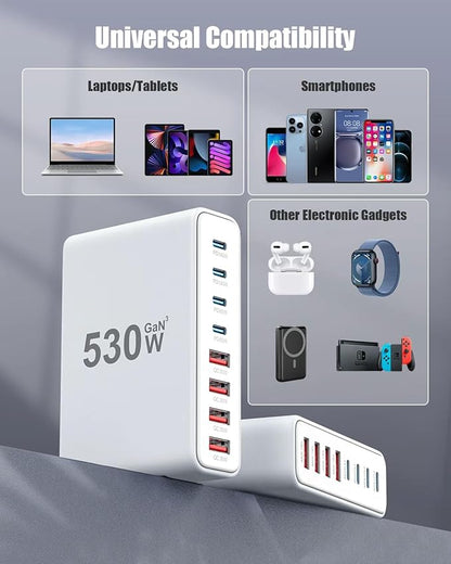 530W USB C Charger Block, 8-Port USB C Charging Station GaN IV Travel