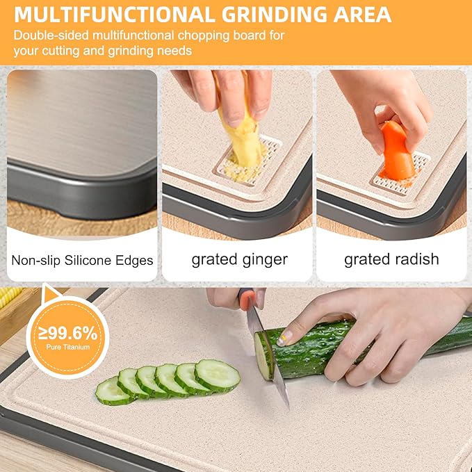 Titanium Cutting Board for Kitchen，Suitable for Handling Meat and Vegetables，Cutting Board Double Sided Food Grade，Pure Titanium and Wheat Straw PP，Dishwasher Safe, Easy to Clean, 15.08 * 10.35 Inches