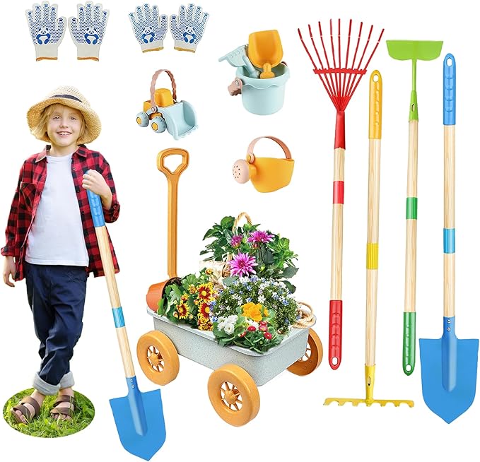 Mostop Kids Gardening Tools Set, Gardening Set for Kids, Outdoor Backyard Farm Digging Toys with Wheelbarrow, Metal Shovel, Rake, Leaf Rake, Outside Garden Wagon Toys Birthday Gifts for Boys Girls 4-8