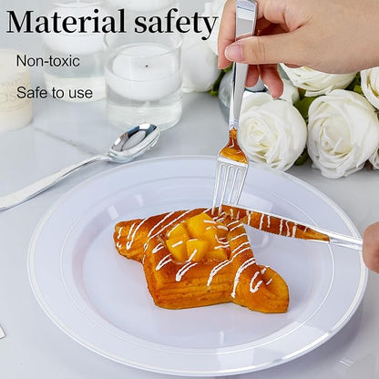 EI 360pcs Silver Plastic Silverware,Plastic Spoons and Forks,Plastic Silverware Heavy Duty,Disposable Plastic Cutlery include 120pcs Plastic Forks,120pcs Plastic Spoons and 120pcs Plastic Knives