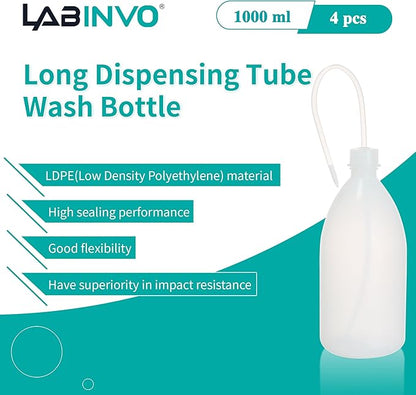 4pcs of Economy Wash Bottles, Vol.1000ml (34oz), Narrow-Mouth Squeeze Bottles Bottles, LDPE Material, with Long Dispensing Tube,IN-WBNL1000