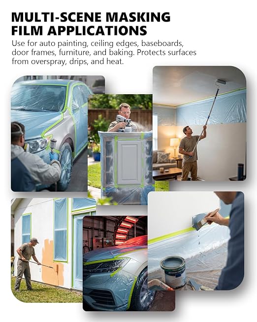 Pre-Taped Masking Film for Painting(1 Roll) - 44" x 66'Painters Plastic Sheeting with Tape and Drape, Painters Drop Cloth for Automotive & Home, Cover for Walls/Floors/Windows/Cars Protection