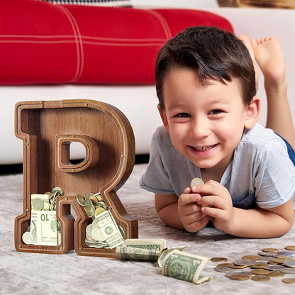 Summidate Customized Name Extra Large Wooden Piggy Bank for Kids Boys Girls Alphabets Letter A-Z Coins Bills Money Change Saving Box Clear Cover (Laser Engraved) Educational Toys 12"- Letter R