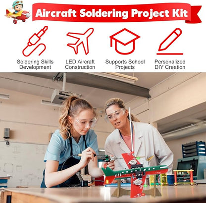 Icstation Learning Soldering DIY Airplane Kit for Beginners, 3 Color LED Flashing Lights Airplane Soldering Project Kit for High School Student Back to School Soldering Practice STEM Education