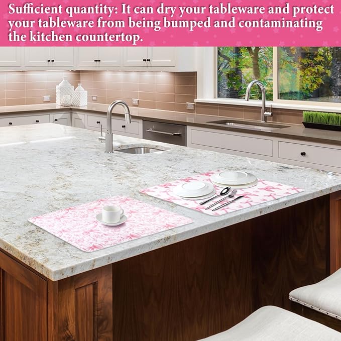 SiliFine 2 Pcs Large Coquette Pink Bow Dish Drying Mat Large