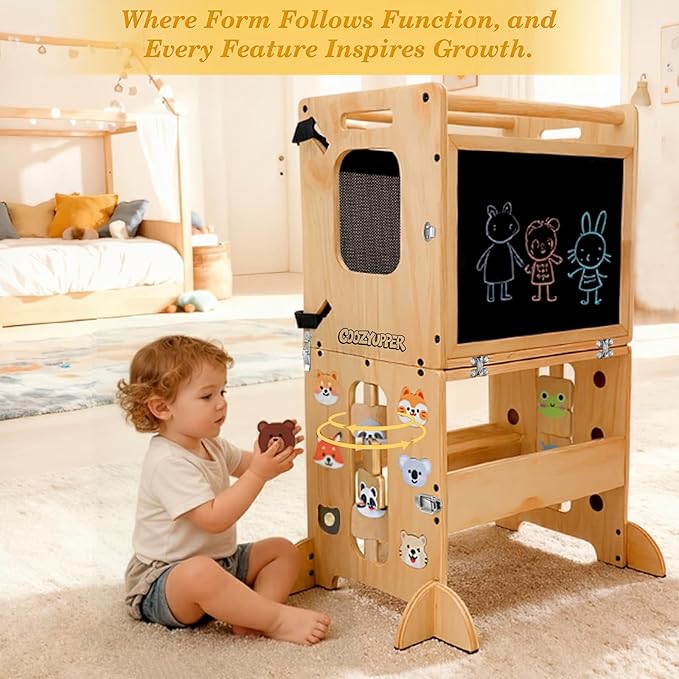 Toddler Kitchen Stool Helper, CPC Certified Foldable Toddler Tower, Learning Wooden Tower with Support Feet and Chalkboard, Anti-Drop Structure, Safe Design for Kids, Natural